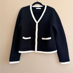 OAK + FORT Black Cardigan Sweater with White Trim